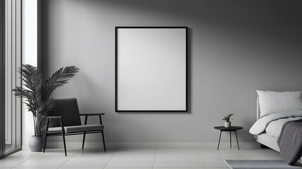 Fototapeta premium Modern gray bedroom with black-framed blank canvas and sleek furniture.