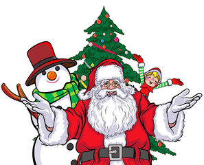 Merry christmas, happy new year Santa Claus and Beautiful woman showing pop art comics style