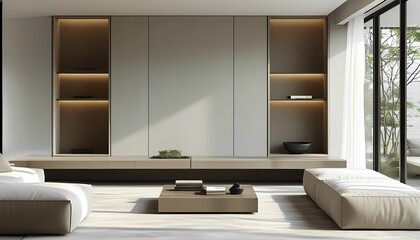 Fototapeta premium Modern minimalist living room design urban apartment interior decoration bright and airy environment contemporary viewpoint stylish comfort and functionality