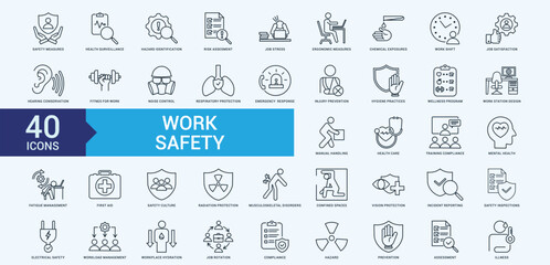 Work safety icon collection set with safety measures, health surveillance, hazard identification, risk assessment, job stress