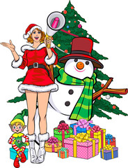 Merry christmas, happy new year Santa Claus and Beautiful woman showing pop art comics style