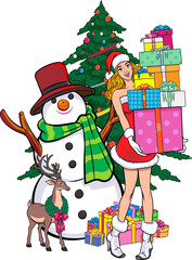 Merry christmas, happy new year Santa Claus and Beautiful woman showing pop art comics style