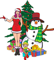 Merry christmas, happy new year Santa Claus and Beautiful woman showing pop art comics style