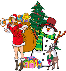 Obraz premium Merry christmas, happy new year Santa Claus and Beautiful woman showing pop art comics style