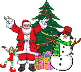 Merry christmas, happy new year Santa Claus and Beautiful woman showing pop art comics style