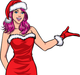 Merry christmas, happy new year Santa Claus and Beautiful woman showing pop art comics style