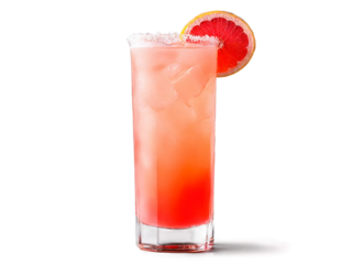 Paloma A tall glass with pale pink liquid grapefruit wedge and salt rim with tequil