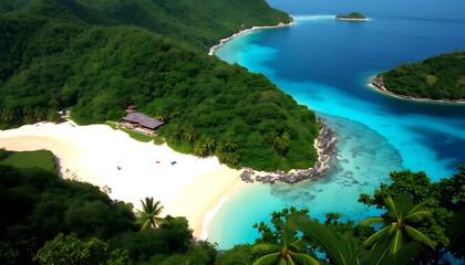 Fototapeta premium Secluded Tropical Beach Paradise Island Getaway Lush Greenery Azure Waters. Palm trees line the shore.