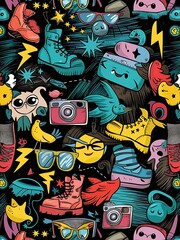 Obraz premium Cute grunge abstract pattern. Seamless pattern with shoes, photo cameras, glasses, stars, thunders and birds. Fun pattern for children or teenagers.