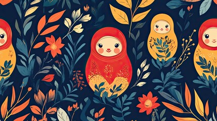 Floral Pattern Featuring Colorful Matryoshka Dolls