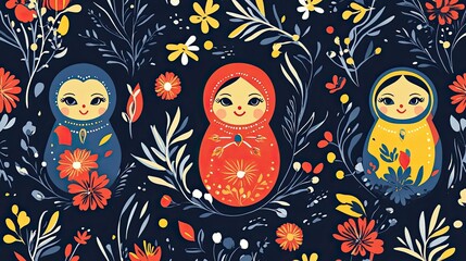 Obraz premium Colorful Matryoshka Dolls Amidst Vibrant Floral Designs