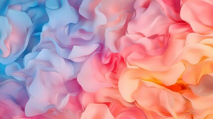 Fototapeta premium The image contains an abstract representation of flowing, pastel-colored shapes that blend seamlessly from light blue to pink and orange, creating a dreamy and ethereal visual effect.