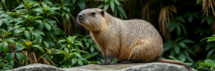 Naklejka premium A solitary capybara perched on a moss-covered rock, surrounded by dense jungle foliage, gazing to the right, wildlife, mammal, capybara
