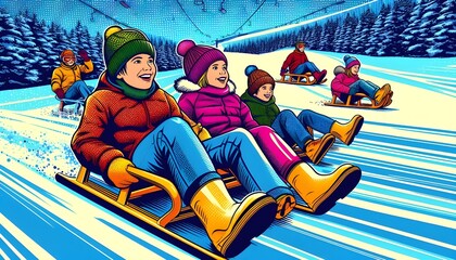 Obraz premium Kids sledding in vibrant pop art style, capturing joy and winter fun at a ski resort.