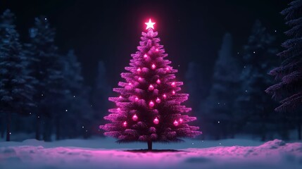 Vibrant Pink Christmas Tree Glowing in a Snowy Winter Landscape with Star on Top in Night Sky