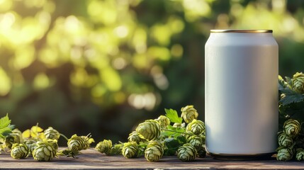 Blank beer can against a hops background for craft beer branding. 