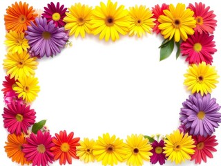 Fototapeta premium A variety of vibrant multicolored flowers beautifully arranged in a frame on a white background with empty space in the middle, petals, beauty, decoration