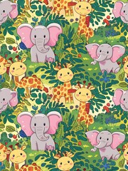 Naklejka premium Vector seamless cute animals pattern with elephants, giraffes and flora.