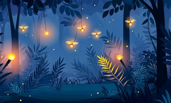 A serene night scene featuring glowing fireflies among lush foliage in a mystical forest.