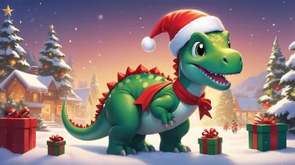 Cute and cartoonish green dinosaur wearing a red and white Christmas hat and gift boxes