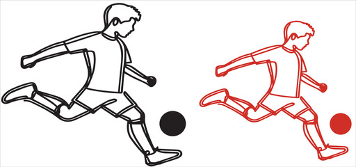 Soccer player running and kicking a ball action outline graphic vector illustration