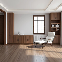 Fototapeta premium Interior with wooden cabinet and armchair 3d rendering