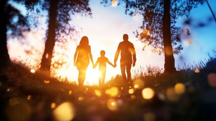 Family Walking Together at Sunset Through Trees in a Natural Setting