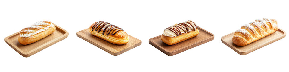 Éclair placed on a wooden tray, isolated on a white background. Collection PNG.