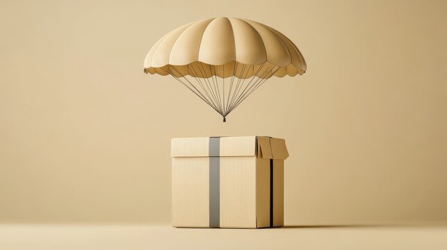 Cardboard box with parachute for delivery and logistics visuals. 