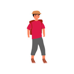 Tourist and traveler characters  men with backpacks,  on trips abroad. Line art flat vector illustration 