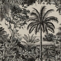 Vector Exotic tropical hawaiian summer. Palm beach tree leaves jungle botanical. Black and white engraved ink art. Seamless background pattern. Fabric wallpaper print texture.