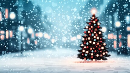 Obraz premium Snowy Winter Night with Decorated Christmas Tree Illuminating a Peaceful Street Scene