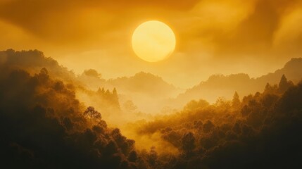 Fototapeta premium Golden sunrise over misty mountain landscape.