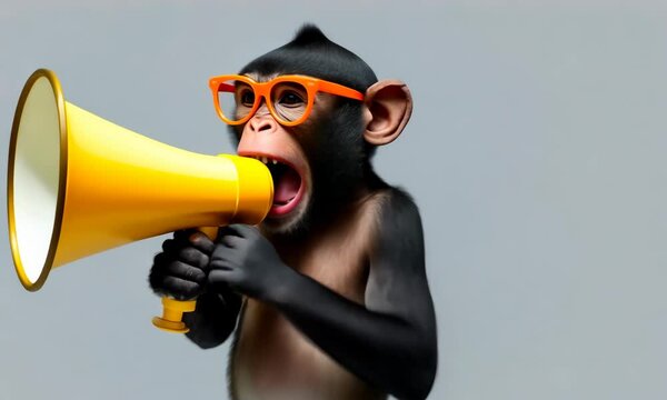 Super sale. Cool monkey with megaphone is making an announcement. Marketing, sale, discount concept. Funny animation