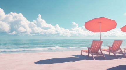 Deck chair and beach umbrellas on a summer beach. Minimalist concept. 