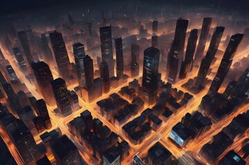 A vibrant aerial view of a city at night, showcasing illuminated skyscrapers, glowing roads, and a grid-like urban layout. The image exudes a futuristic and lively atmosphere.