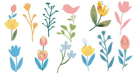 Collection of spring colorful bouquet flower elements vector. Set Botanical floral of wild flower, leaf branch, foliage on white background.