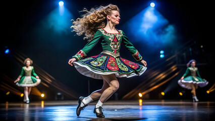 Irish dancer in embroidered dress, focused, performing traditional steps against a stage backdrop