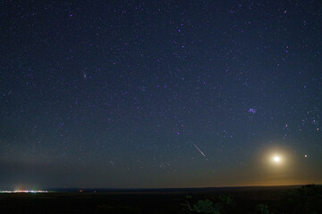 The Starlit Night Sky showcases a vibrant Meteor and a glowing Moon that captivates
