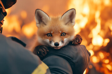 Obraz premium Firefighter rescues fox cub from flames, showcasing compassion amid wildfire chaos in the forest
