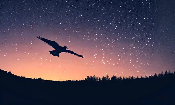 A silhouette of a bird flying against a starry night sky and gradient horizon.