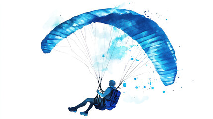 Blue watercolor painting of a woman paragliding enjoying flying on the sky