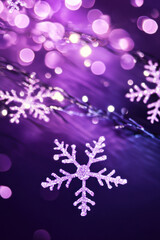 Fototapeta premium Christmas vertical background with glowing snowflakes on purple canvas