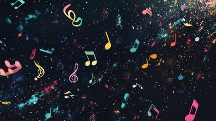 A dynamic visual of various musical notes and symbols floating and intertwining in a dark, starry sky, Representing the harmony and rhythm found in diverse cultural expressions