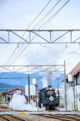 秩父鉄道　長瀞駅から発車する蒸気機関車C58　パレオ エクスプレス　埼玉県長瀞町　Chichibu Railway. Steam locomotive C58 departing from Nagatoro Station. Saitama Pref, Nagatoro Town.