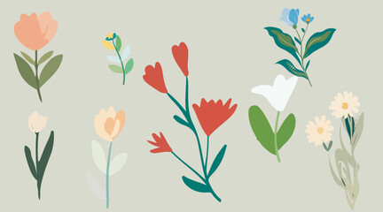 Collection of spring colorful bouquet flower elements vector. Set Botanical floral of wild flower, leaf branch, foliage on white background.