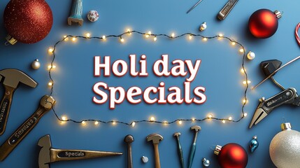 A festive arrangement of tools, ornaments, and lights, highlighting holiday specials on a vibrant blue background.