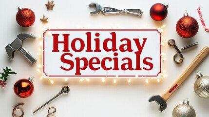 A festive display featuring "Holiday Specials" with decorations like ornaments and tools, creating a cheerful atmosphere for the season.