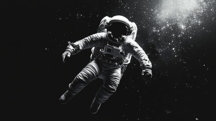 Abstract astronaut, thin outline, floating through dark space 