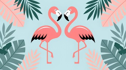 Fototapeta premium Flamingo seamless pattern on a background of tropical leaves. Popular background